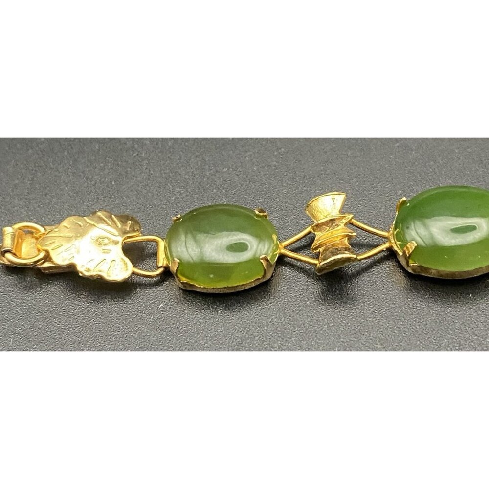 Vtg Green Jadeite Bracelet Gold Plated Bamboo Accent Floral Box Clasp 7" UV Test - Picture 13 of 16